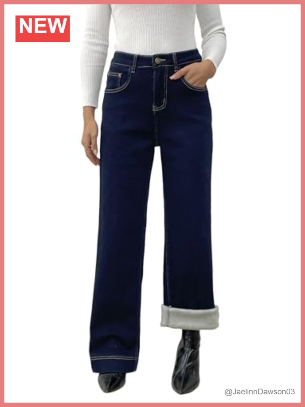 Fleece Lined Wide Leg Jeans High Rise Thermal Winter Denim Pants